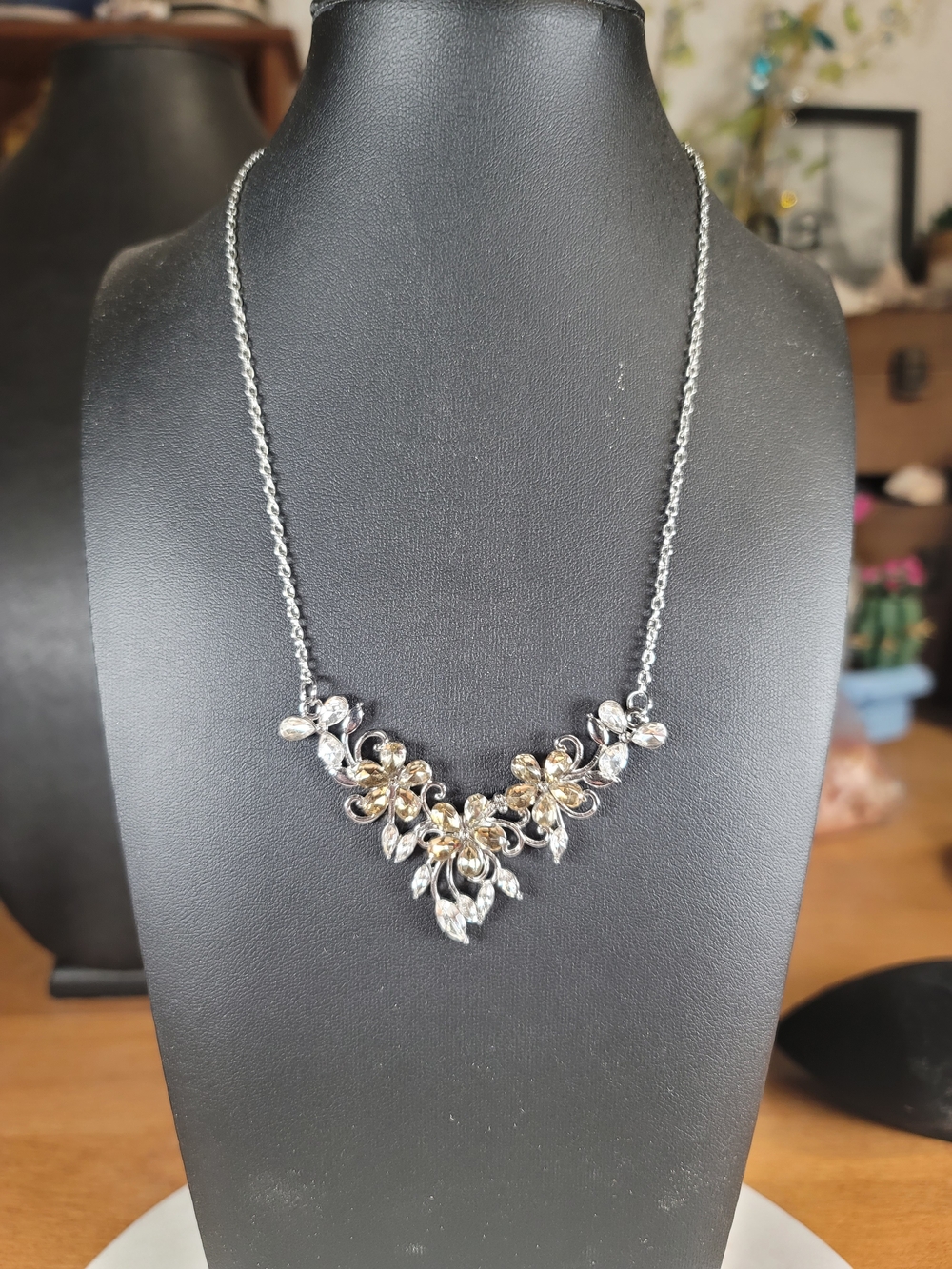 paparazzi Silver and Champagne Floral Crystal Necklace